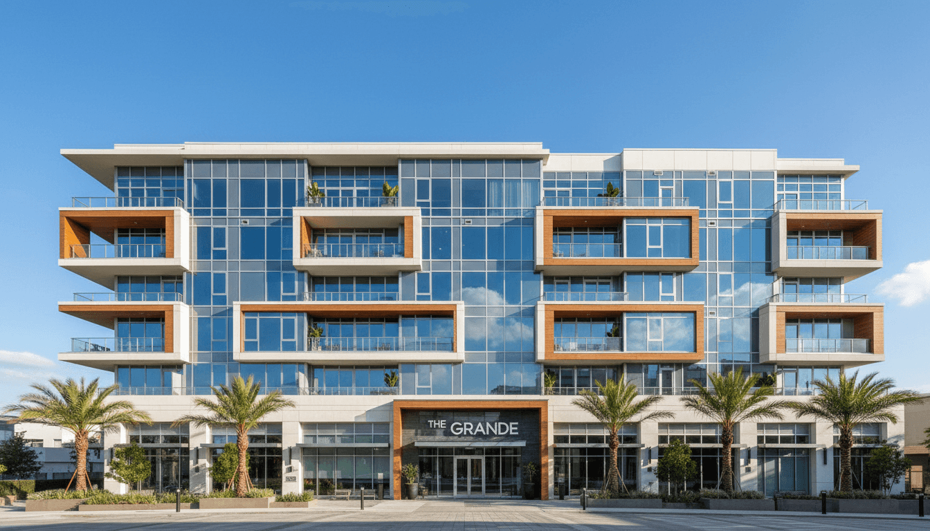 Modern multifamily building with sleek design against a bright blue sky.