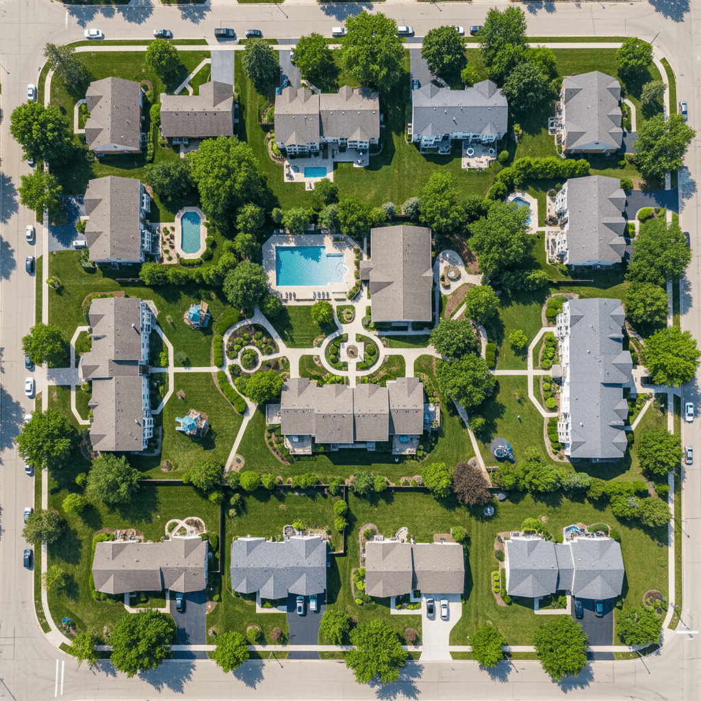 Aerial view of diverse residential properties with landscaped grounds under clear skies