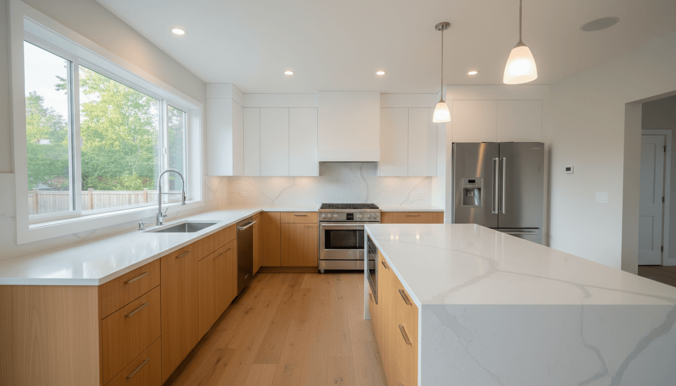Renovated kitchen with new cabinets and counters