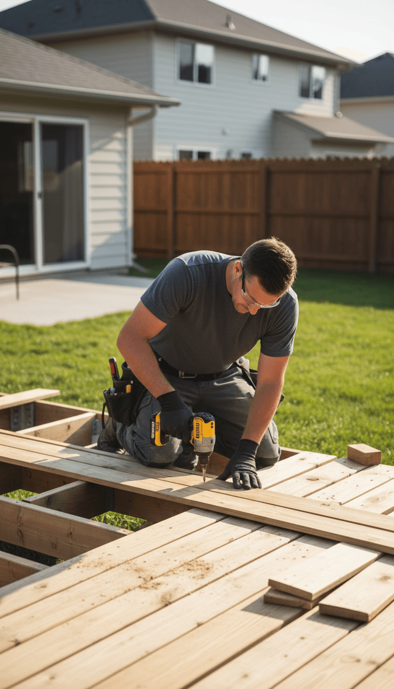 Contractor installing new deck boards on a backyard deck