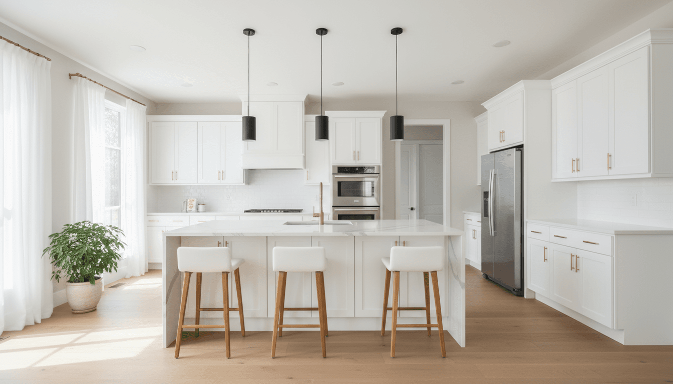Bright modern kitchen with white cabinets, quartz countertops, and stainless steel appliances