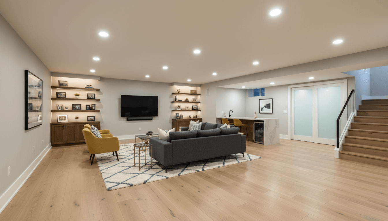 Finished basement living space with comfortable seating, vinyl plank flooring, and recessed lights