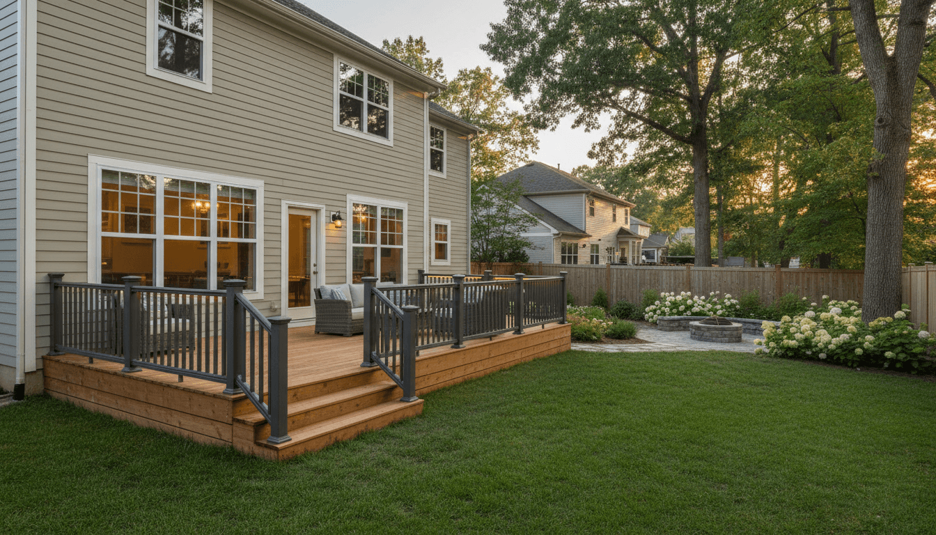Newly built backyard deck with composite railing attached to a house