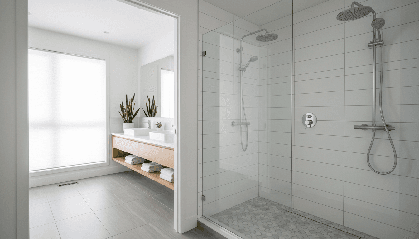 Editorial architectural aesthetic wide shot of a fully renovated bathroom, walk-in glass shower with matte black fixtures and floating oak vanity, natural light on neutral stone tile, the space framed to show clean lines and premium finish details