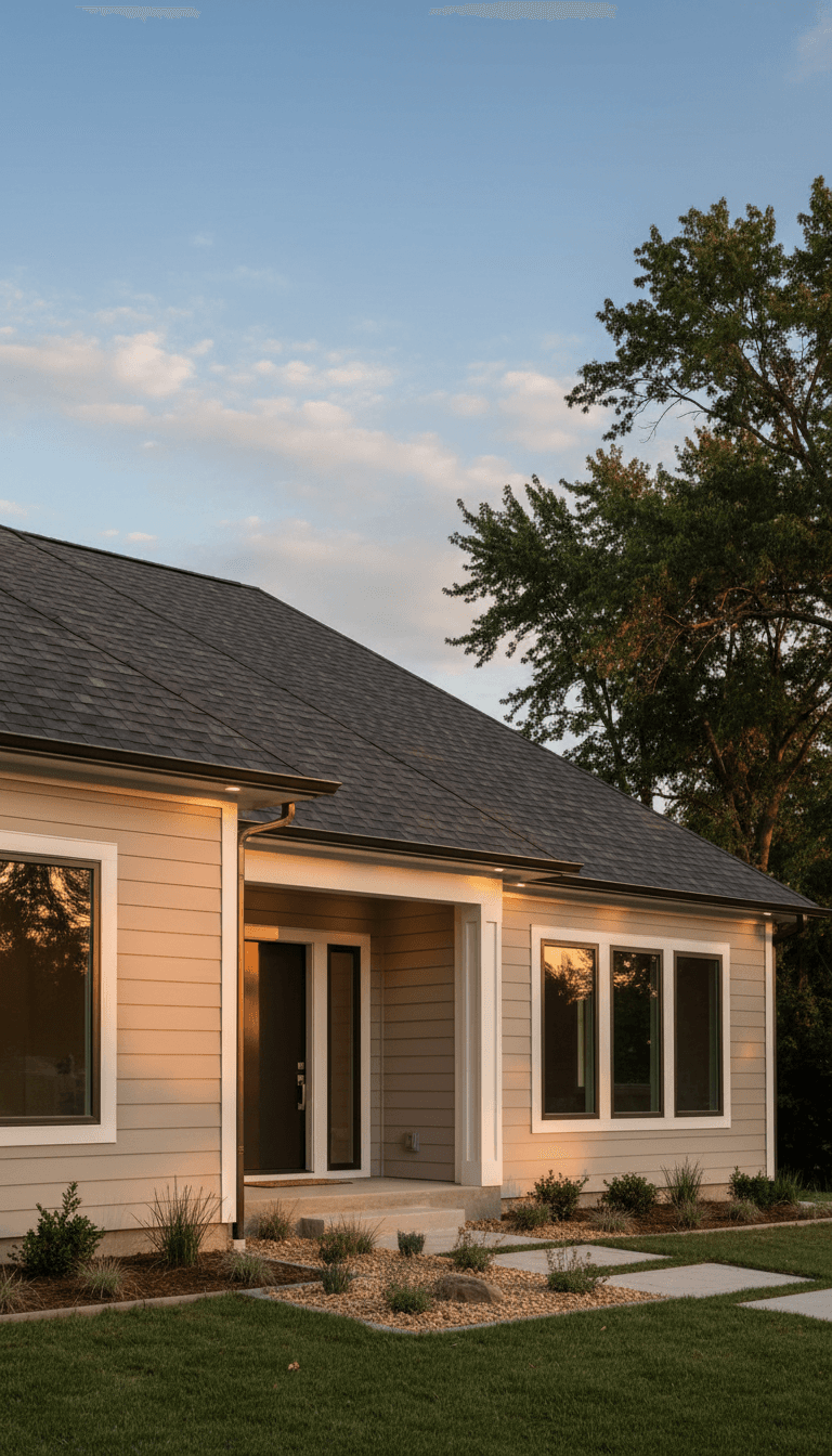 Fully renovated residential home exterior showing new roof, siding, trim, and enhanced curb appeal from ground to roofline