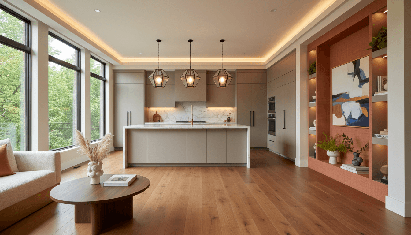 Bright renovated residential living room with hardwood floors, custom cabinetry, and premium finishes showcasing complete design transformation