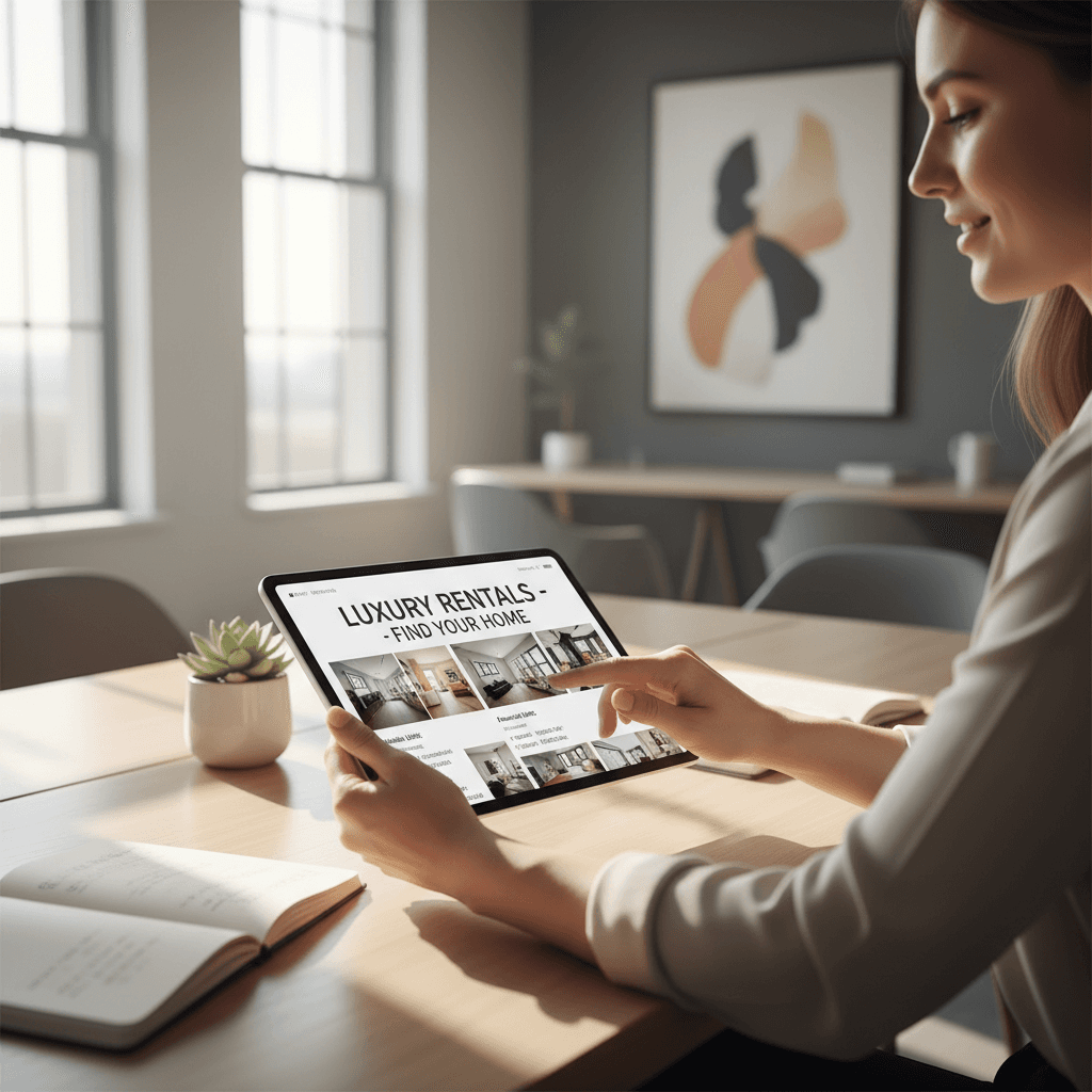 Rental agent holding tablet with apartment listings in bright, sunlit modern office workspace