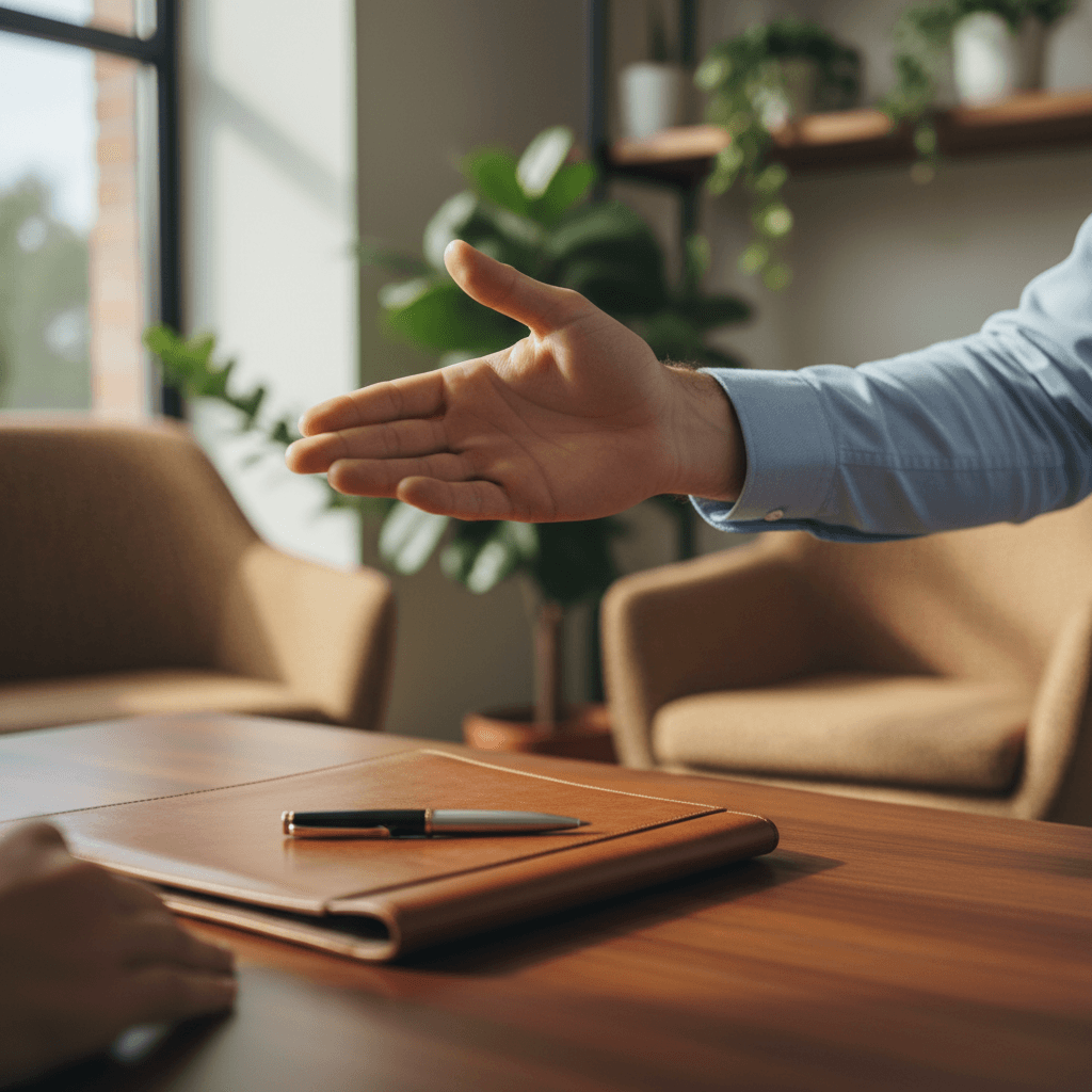 professional handshake between client and consultant in modern office setting
