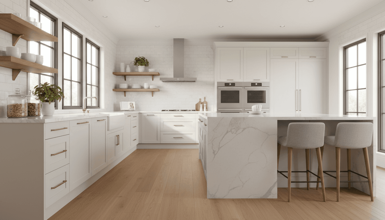 Newly renovated modern kitchen with white cabinetry, island, stainless appliances, and natural lighting