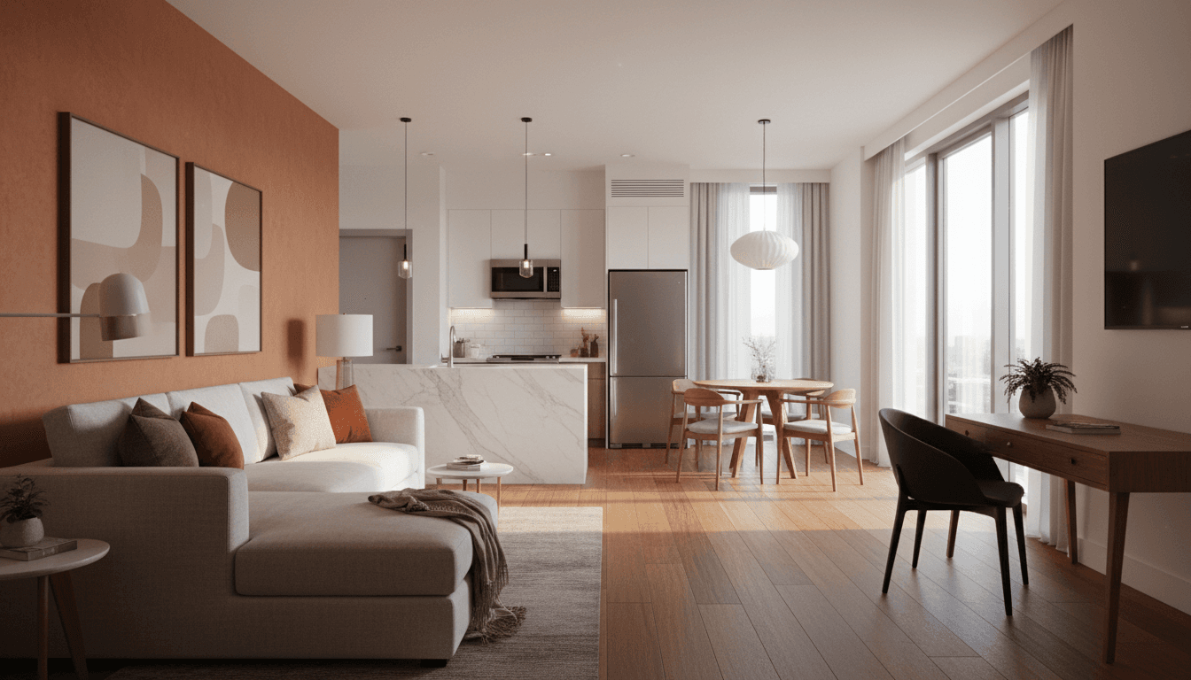 Modern furnished apartment hotel living room with sofa, dining area, and kitchenette, flooded with natural light from large windows