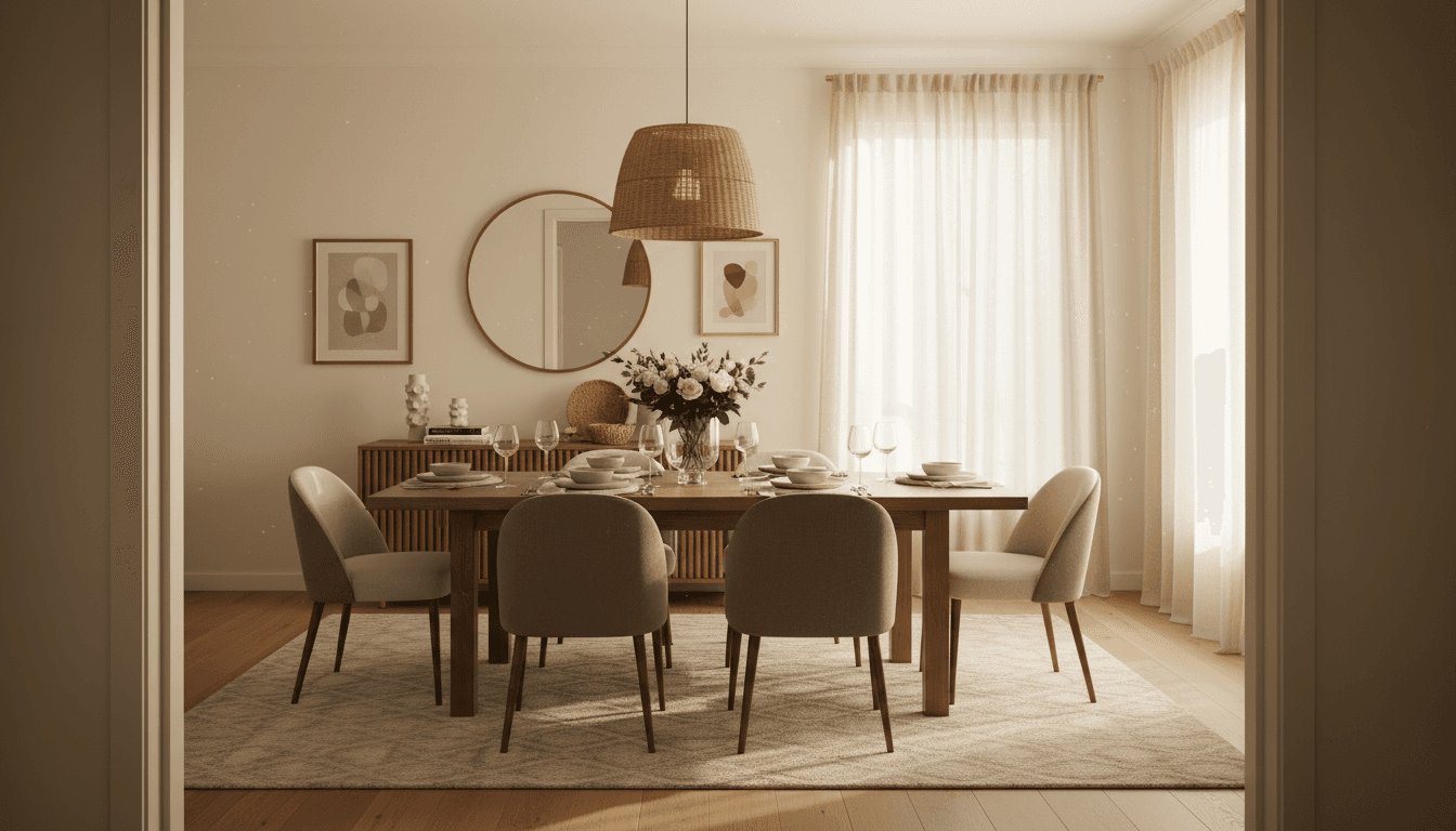 Fully styled dining room with wooden table, upholstered chairs, pendant lighting, and coordinated wall décor in warm afternoon light
