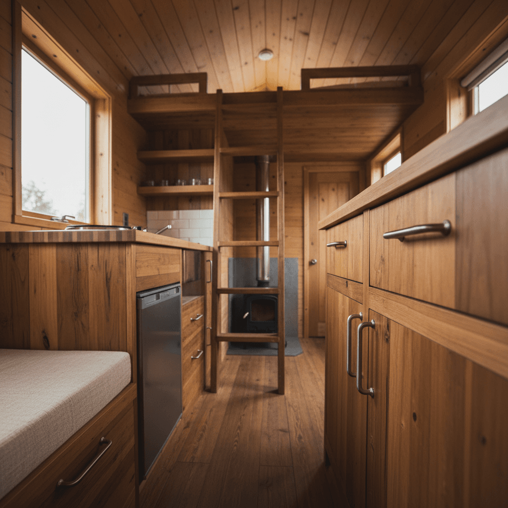 Warm interior of tiny home showing custom storage, loft bedroom, and efficient multipurpose living space with natural wood finishes
