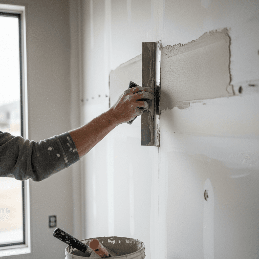 Skilled tradesperson carefully applying joint compound to drywall seams with putty knife in natural light