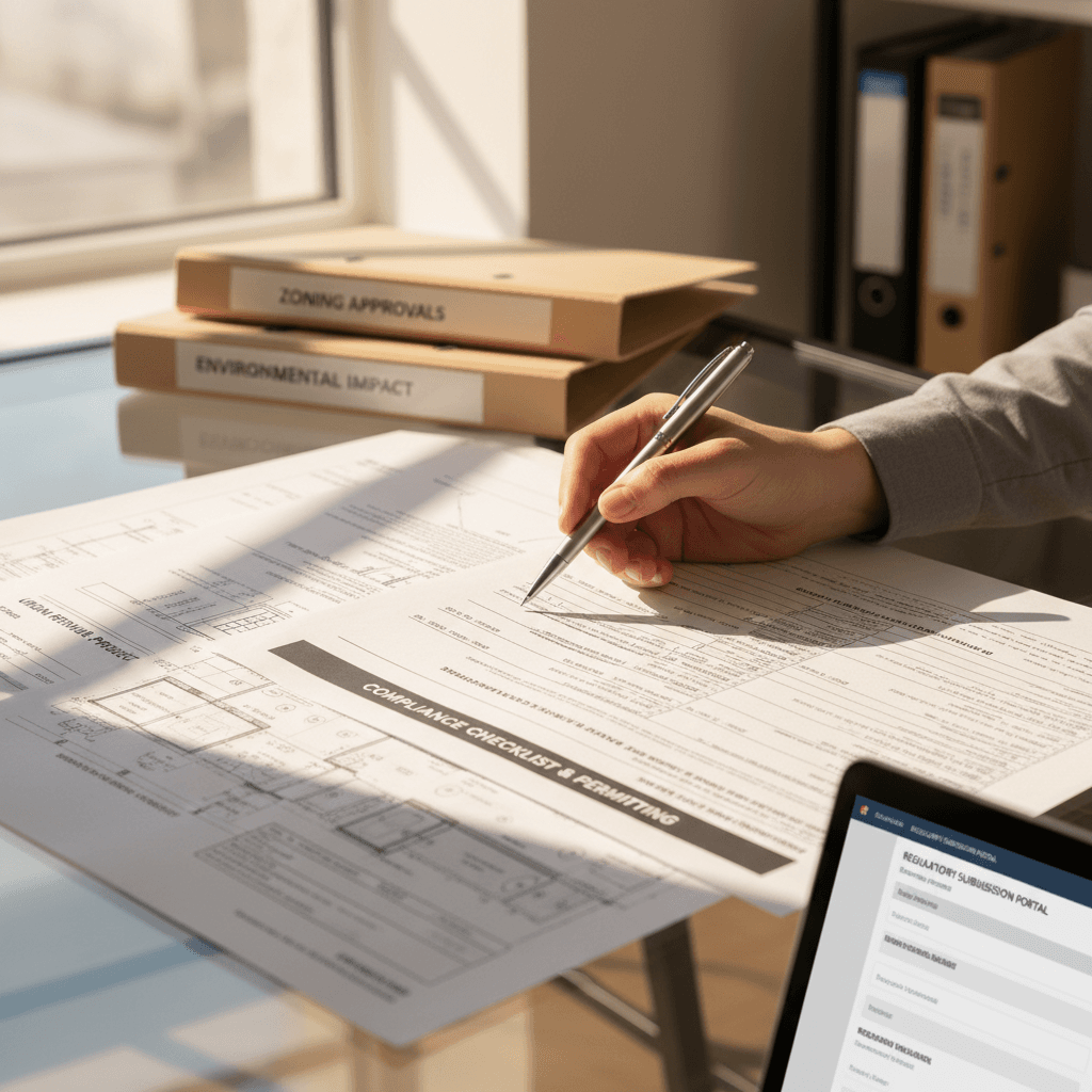 Construction advisory professional reviewing property operations documents in an office setting