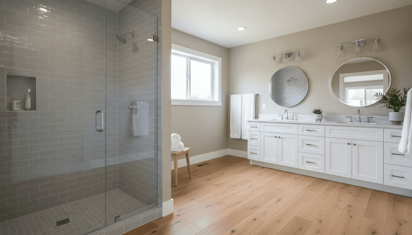 Complete bathroom renovation displaying water-resistant tile, hardwood-look flooring, updated vanity, and professional lighting