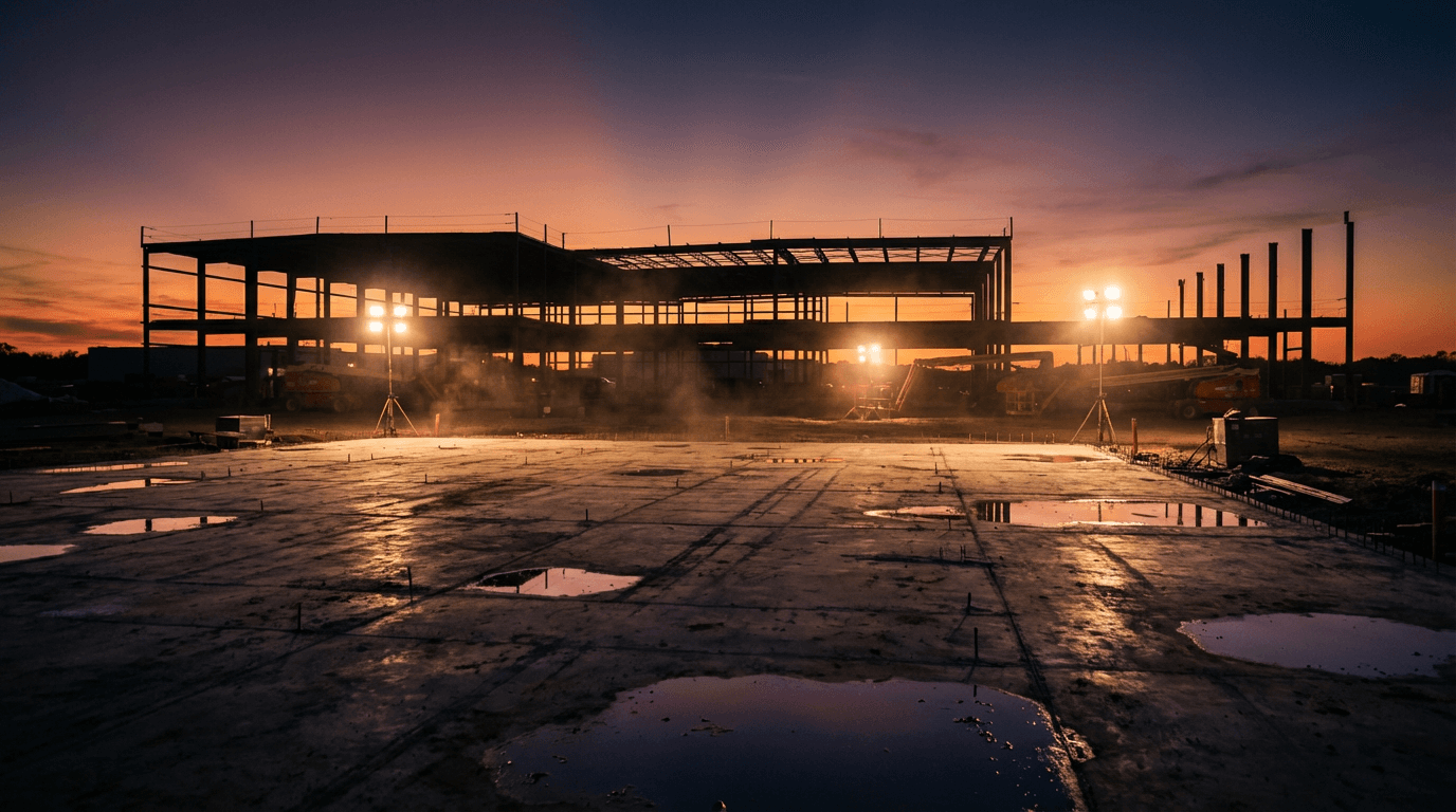 Construction site at dusk with concrete foundation and steel skeleton building framed against twilight sky