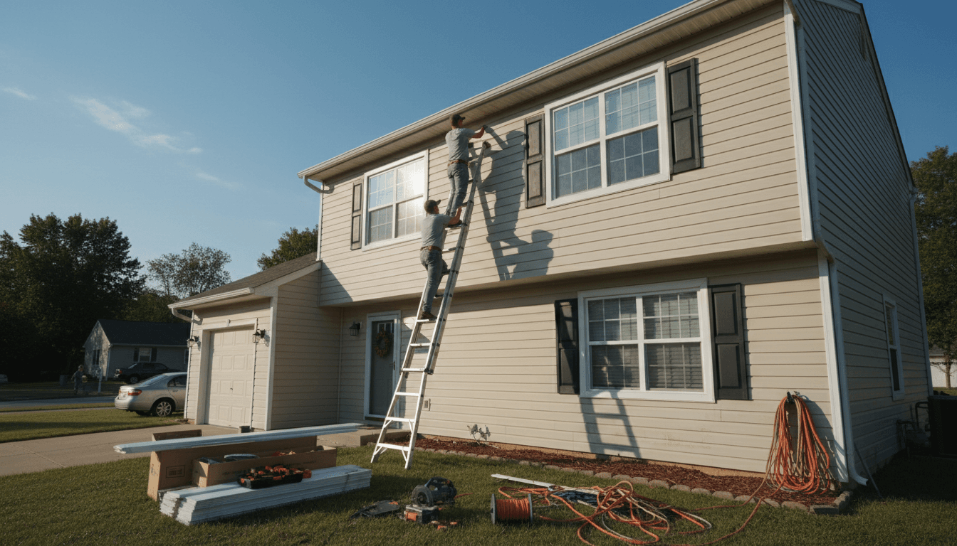 Handyman on ladder installing vinyl siding and window trim on residential home exterior