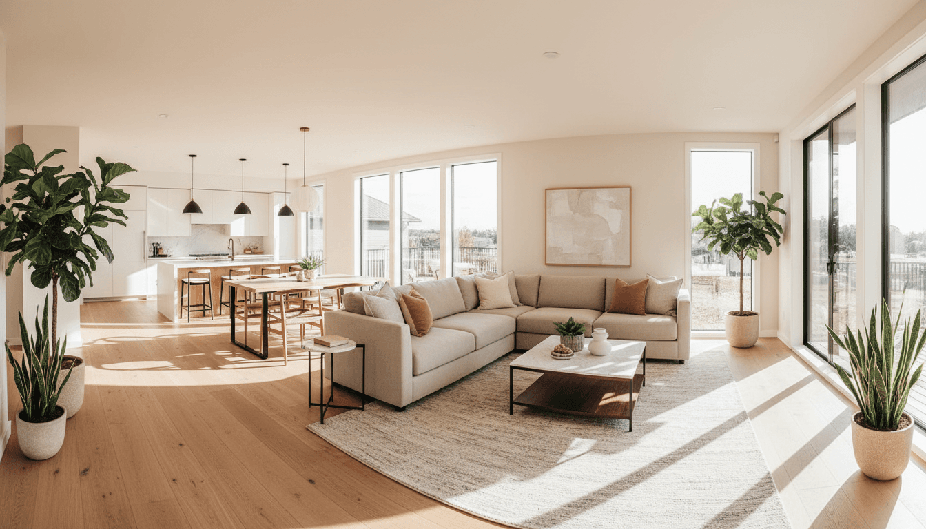 Bright, spacious vacation rental living room with floor-to-ceiling windows, comfortable sectional sofa, and dining area bathed in natural afternoon light