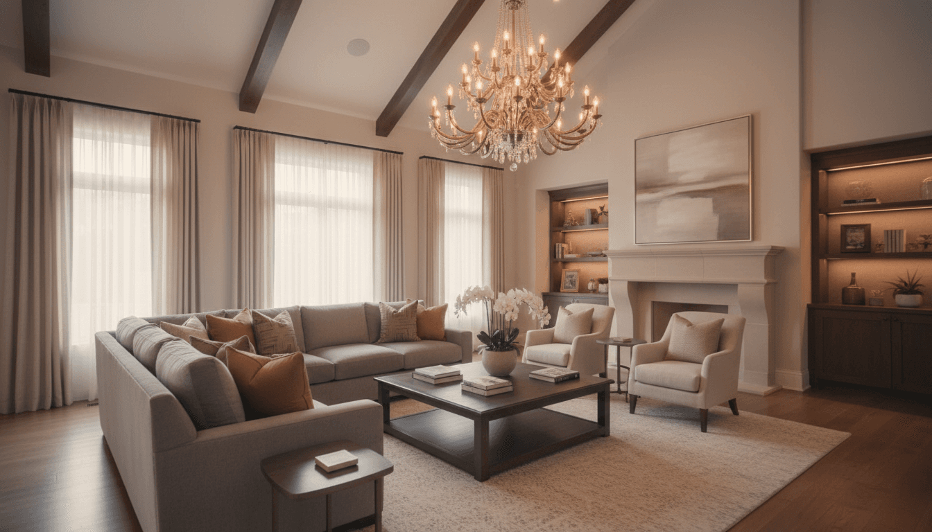 Elegant living room with ornate chandelier hanging from vaulted ceiling, warm ambient lighting creating sophisticated, inviting residential atmosphere