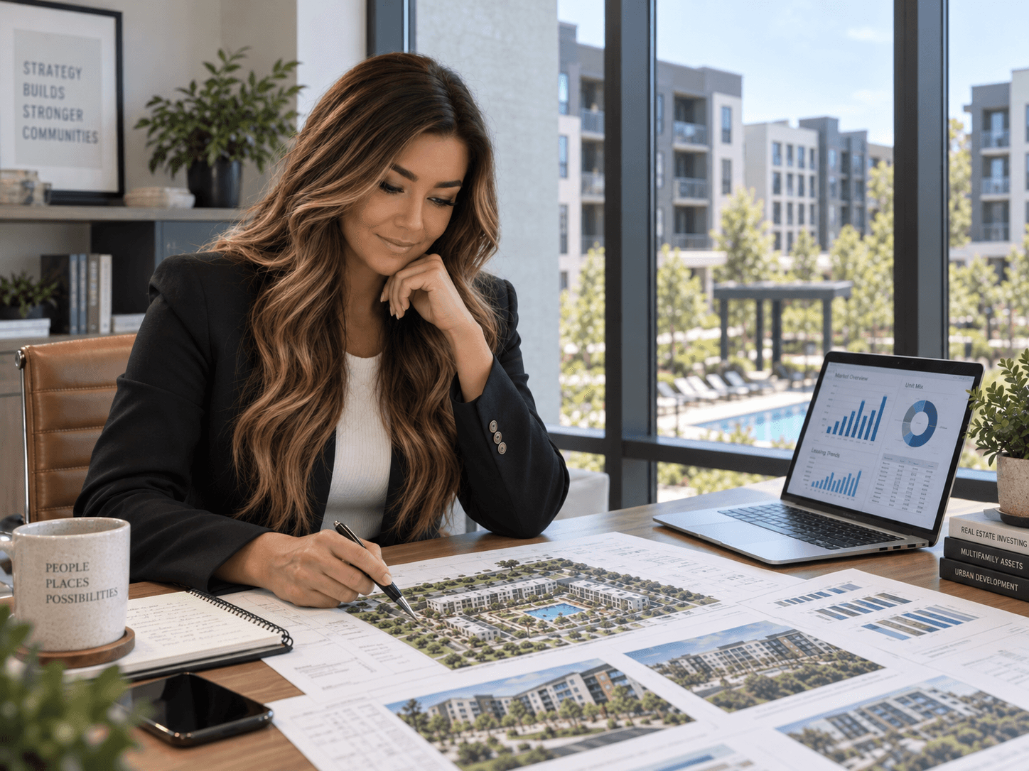 Businesswoman analyzes architectural site plans and data charts in a bright, modern office.