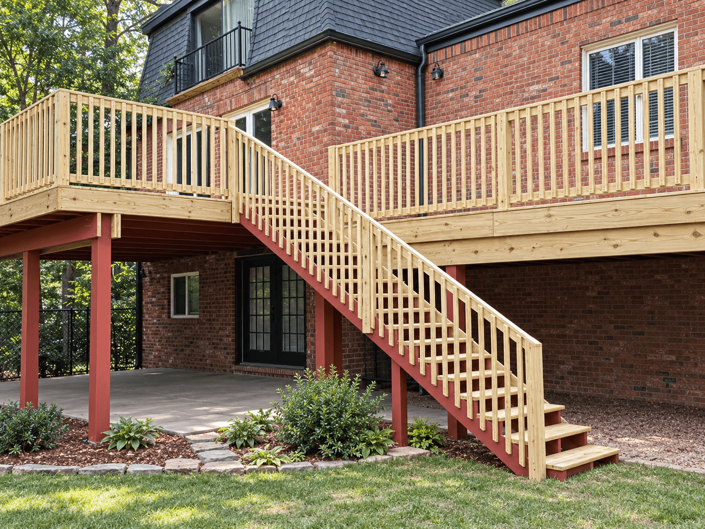 Wooden deck with red-painted stairs leading to a patio behind a brick house.